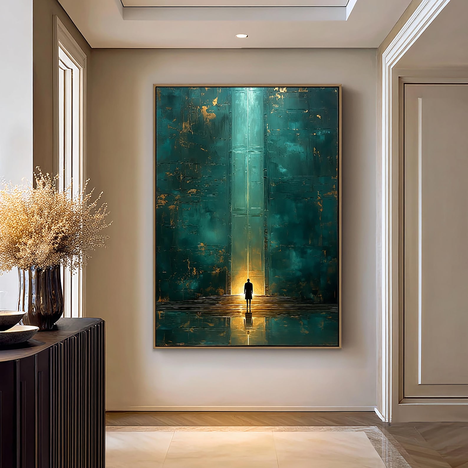 Path of Light – Hand-Painted Abstract Figure in Glowing Portal Oil Painting