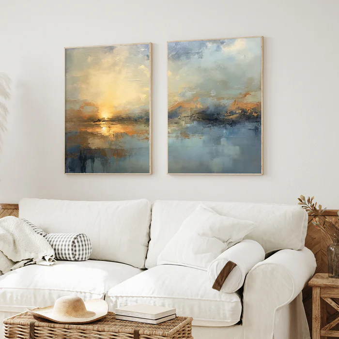 Sunset Reflection – Textured Abstract Landscape Diptych