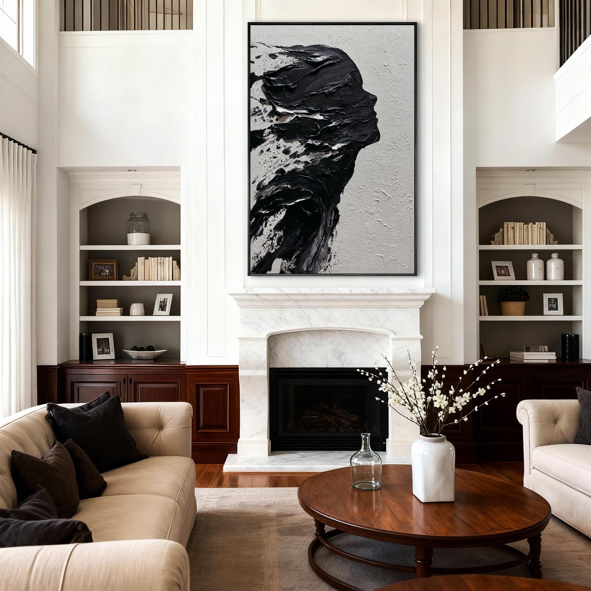 Ethereal Dissolution” – Black Abstract Portrait Wall Art, Textured Minimalist Figure Painting