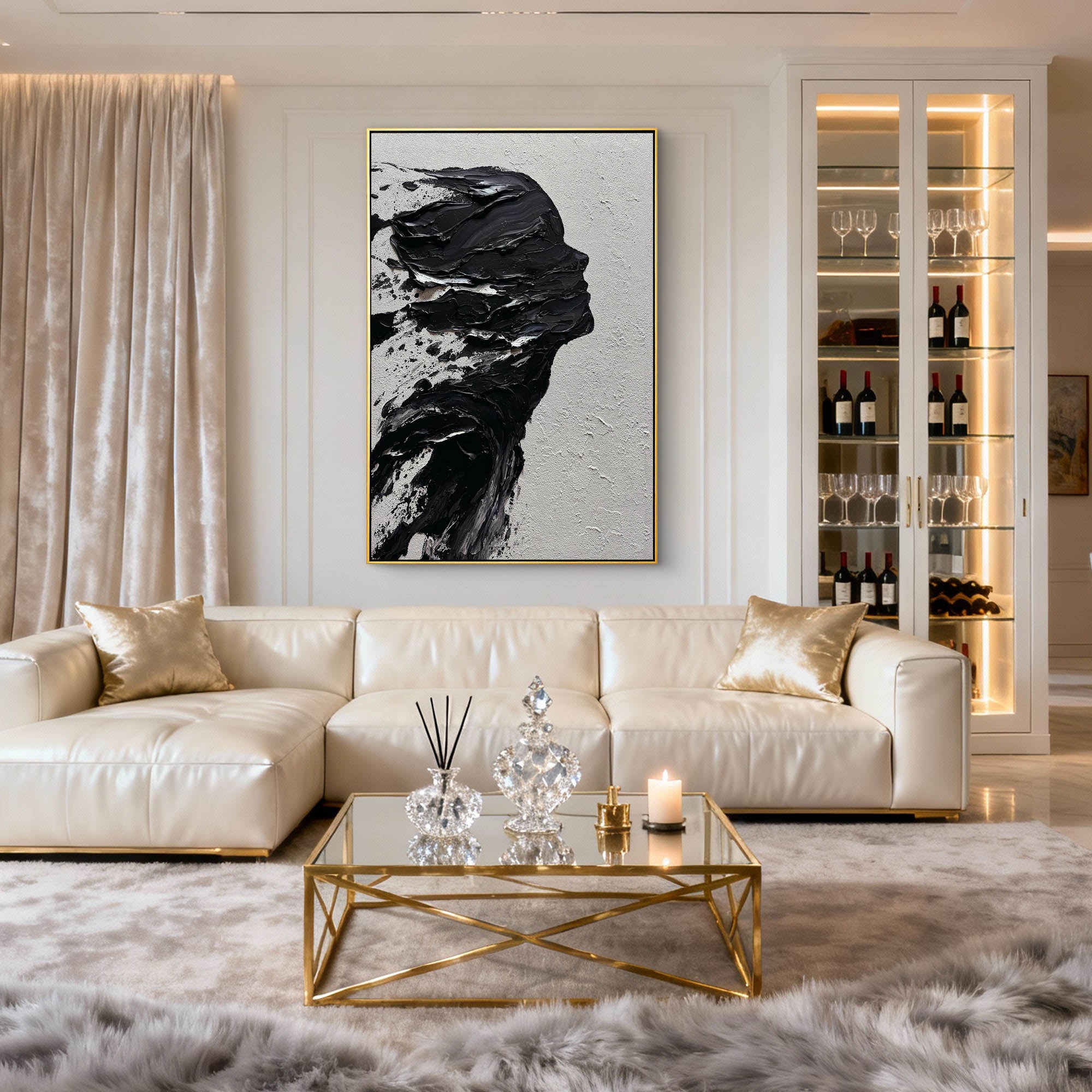 Ethereal Dissolution” – Black Abstract Portrait Wall Art, Textured Minimalist Figure Painting