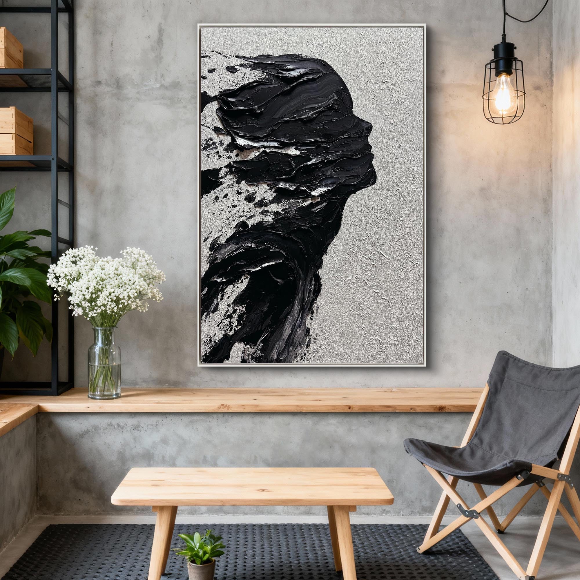 Ethereal Dissolution” – Black Abstract Portrait Wall Art, Textured Minimalist Figure Painting
