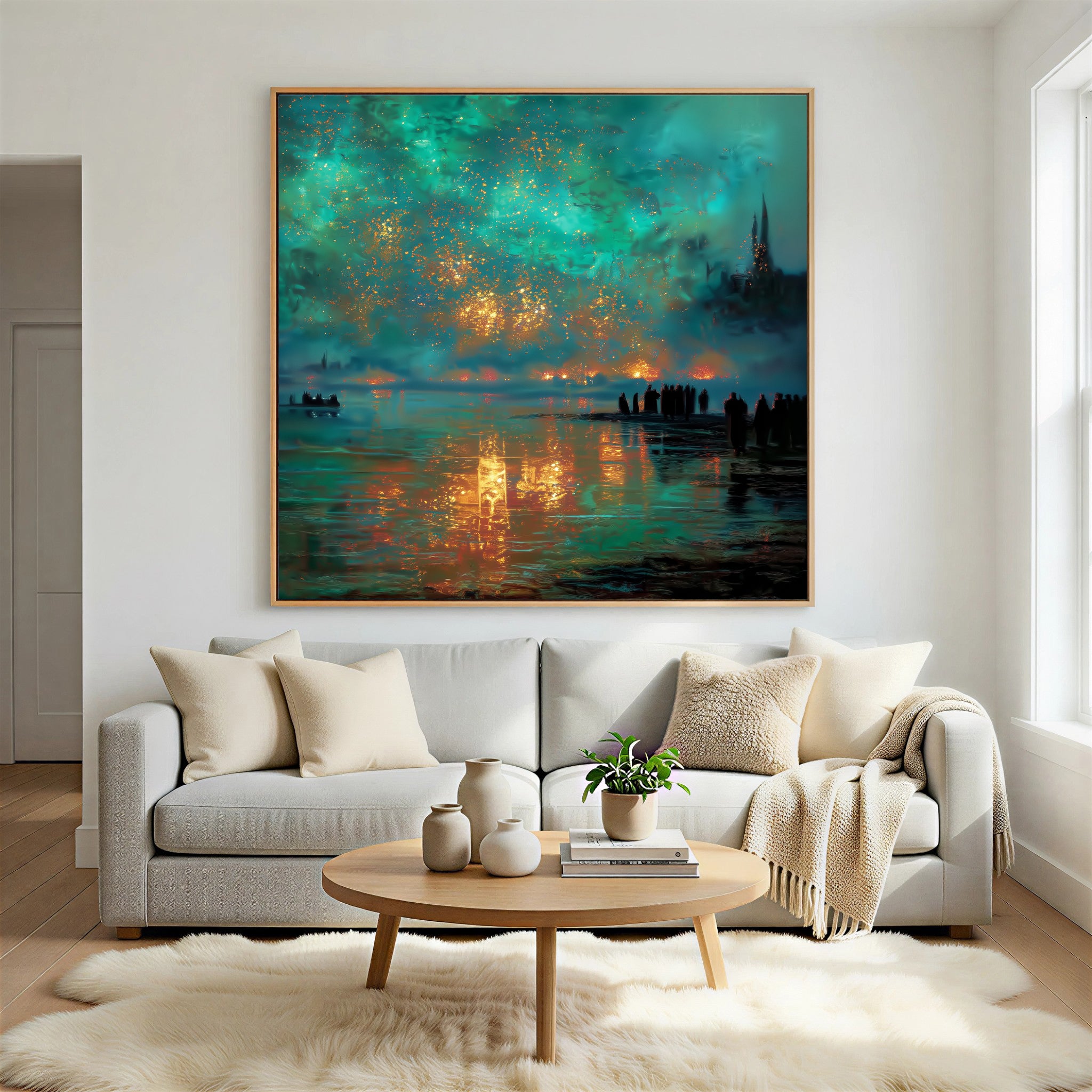 Aurora Embers – Luxury Night Reflection Oil Painting – Teal & Gold Statement Wall Art
