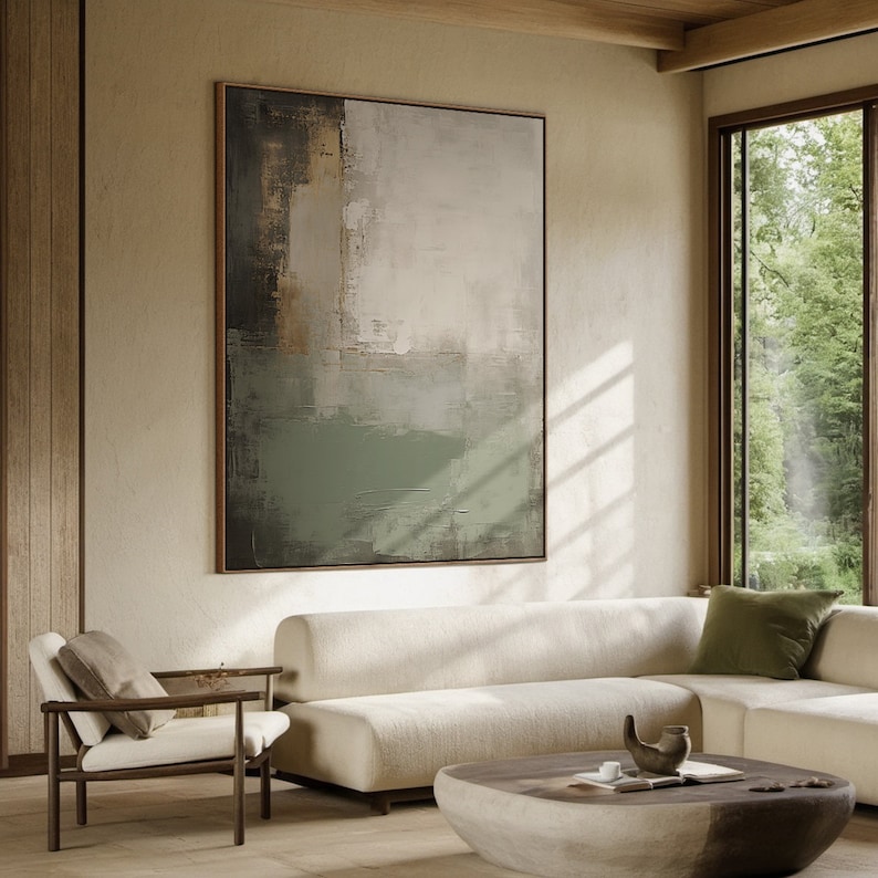 Sage Stillness - Neutral Green Minimalist Abstract Oil Painting