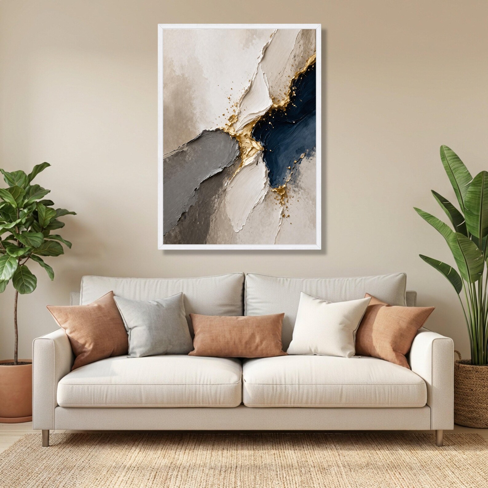 Depth in Stillness – Luxury Abstract Canvas Wall Art, Textured Neutral & Navy Painting for Modern Living Room Decor