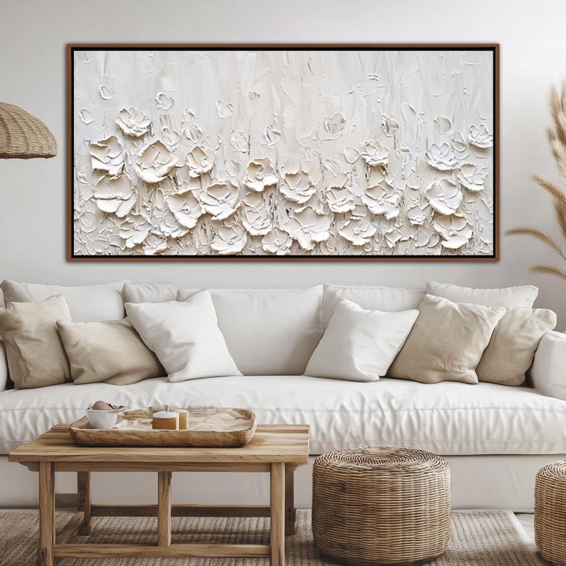 Pure Petals – Large White Textured Floral Wall Art