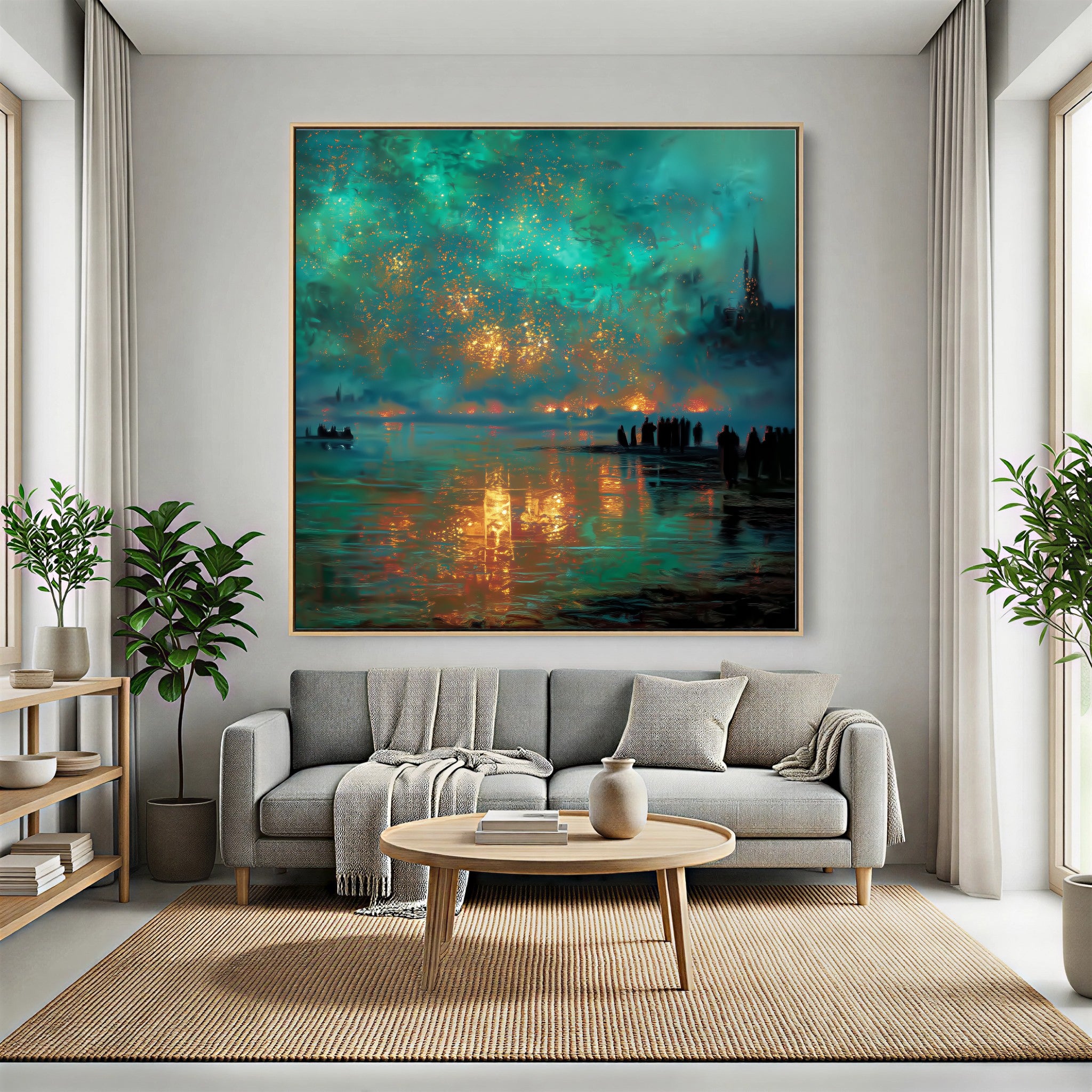 Aurora Embers – Luxury Night Reflection Oil Painting – Teal & Gold Statement Wall Art