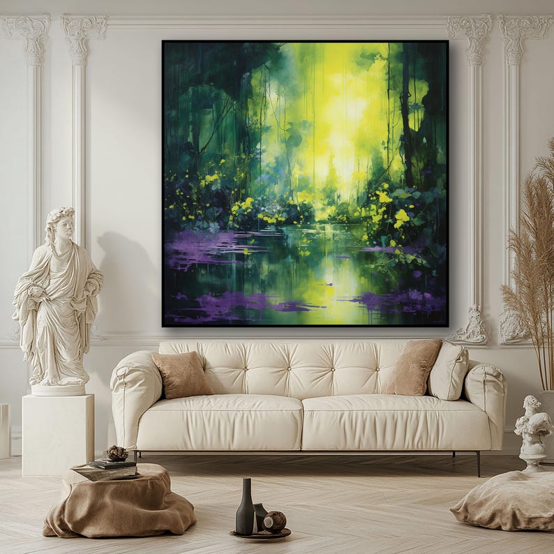 Emerald Dreamscape – Abstract Forest Landscape Oil Painting, Modern Green Nature Wall Art