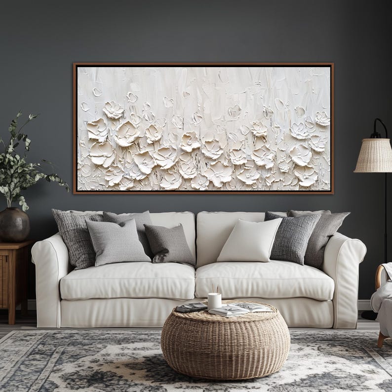 Pure Petals – Large White Textured Floral Wall Art