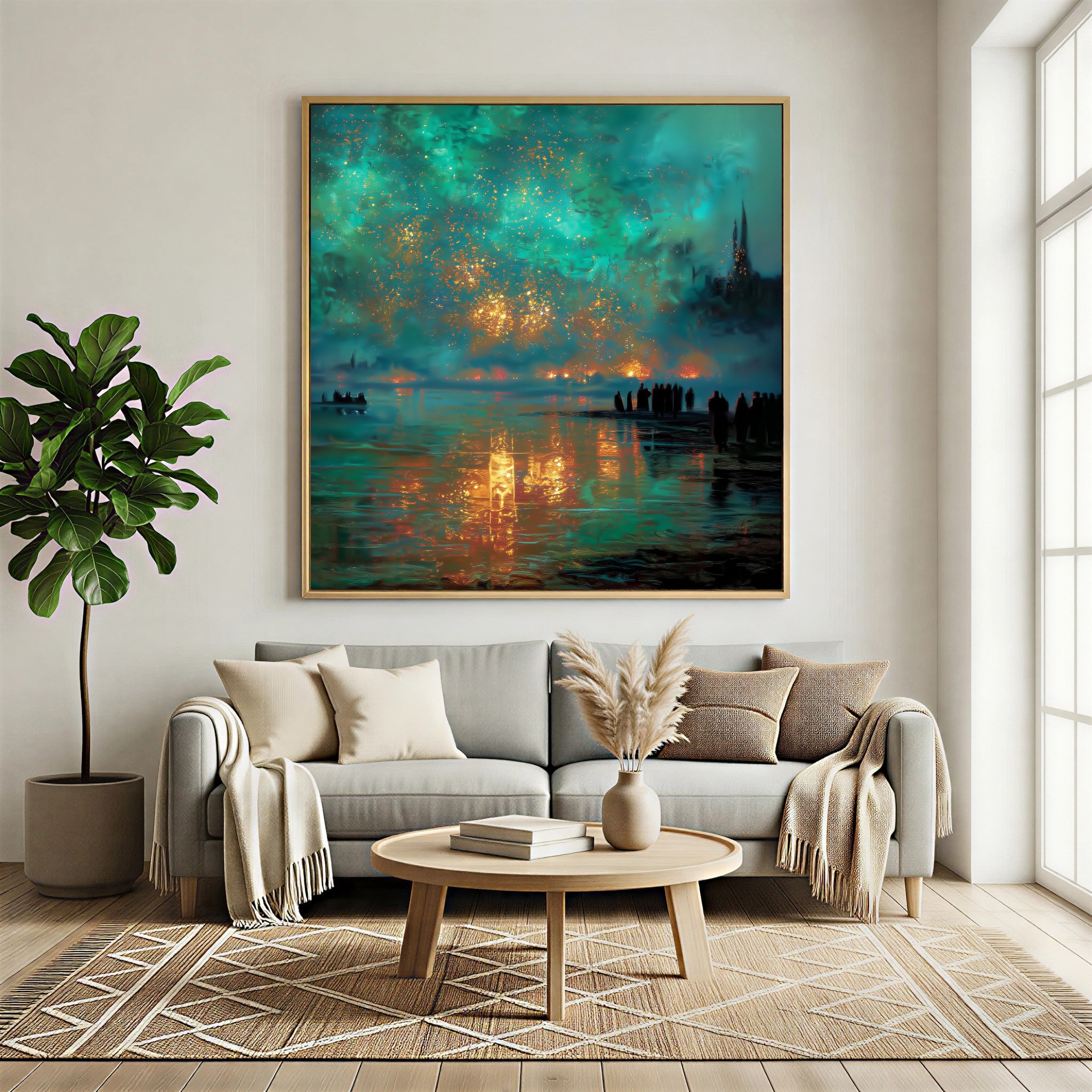 Aurora Embers – Luxury Night Reflection Oil Painting – Teal & Gold Statement Wall Art