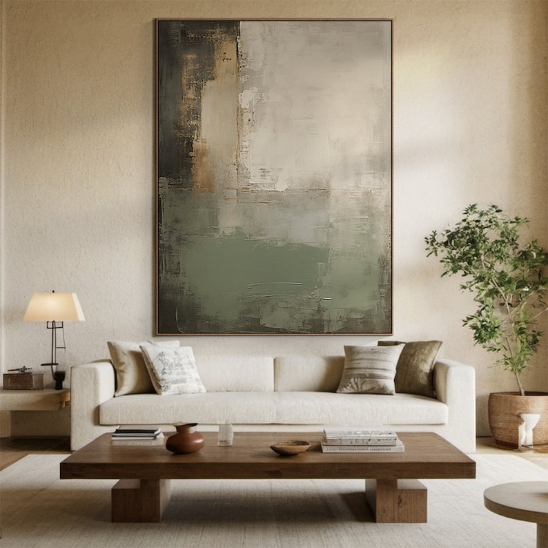 Sage Stillness - Neutral Green Minimalist Abstract Oil Painting