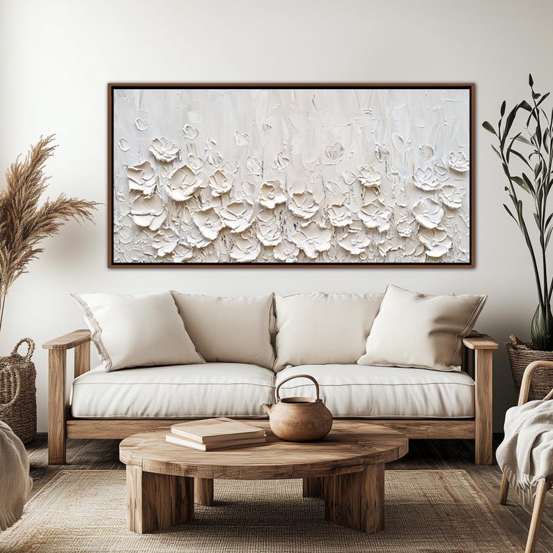Pure Petals – Large White Textured Floral Wall Art