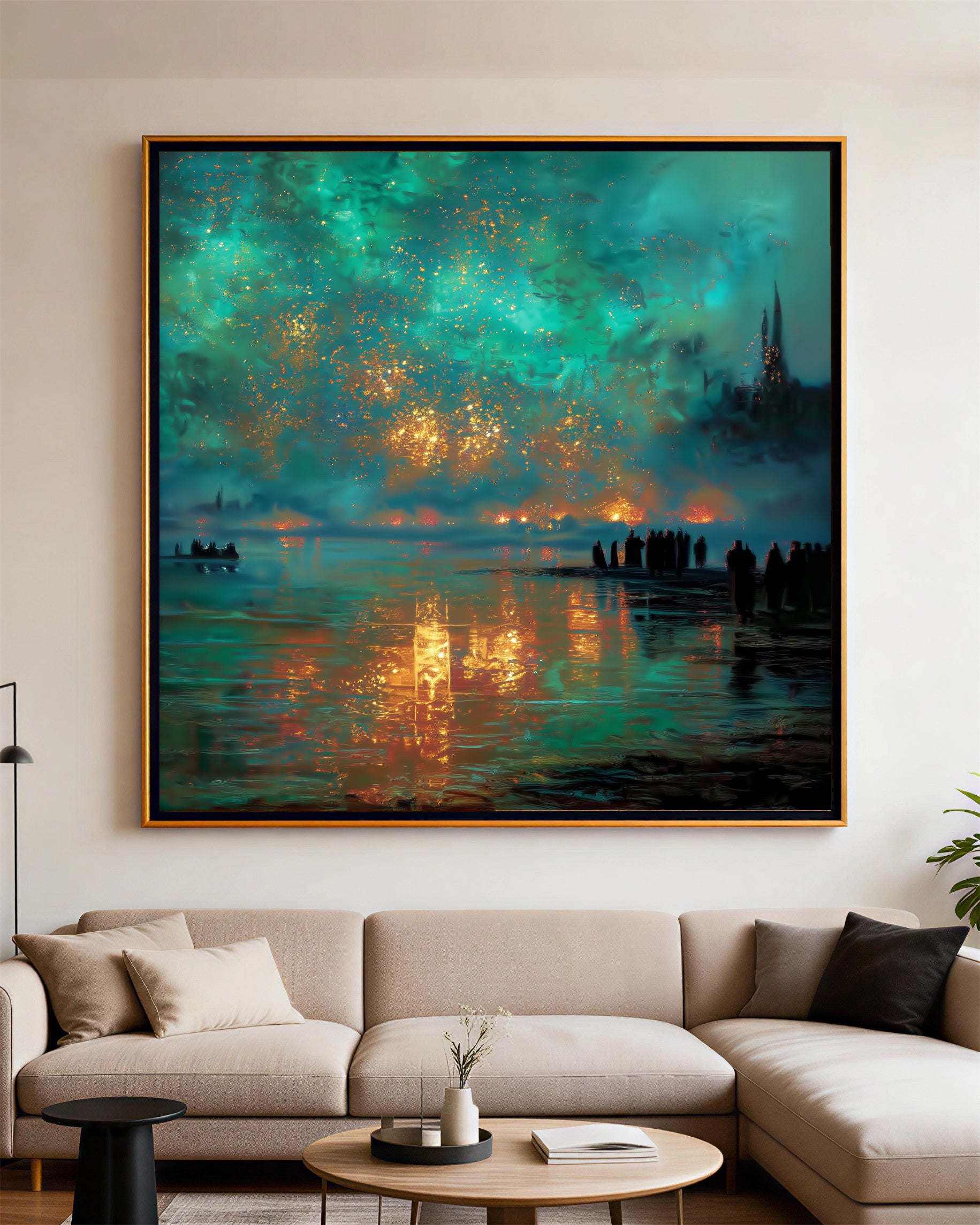 Aurora Embers – Luxury Night Reflection Oil Painting – Teal & Gold Statement Wall Art