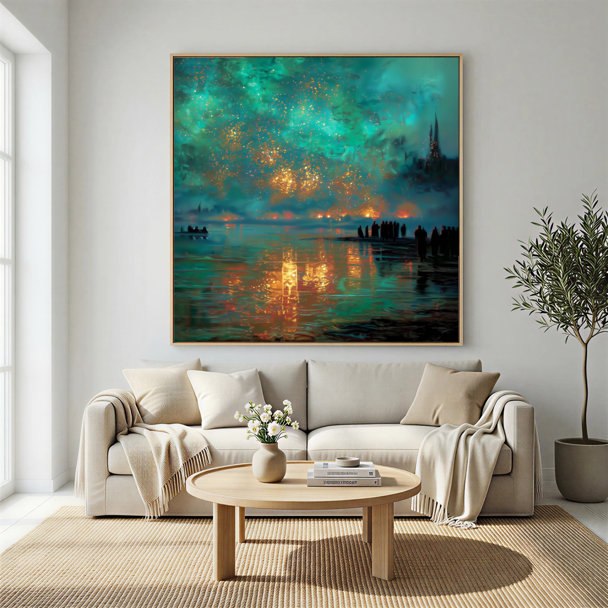 Aurora Embers – Luxury Night Reflection Oil Painting – Teal & Gold Statement Wall Art