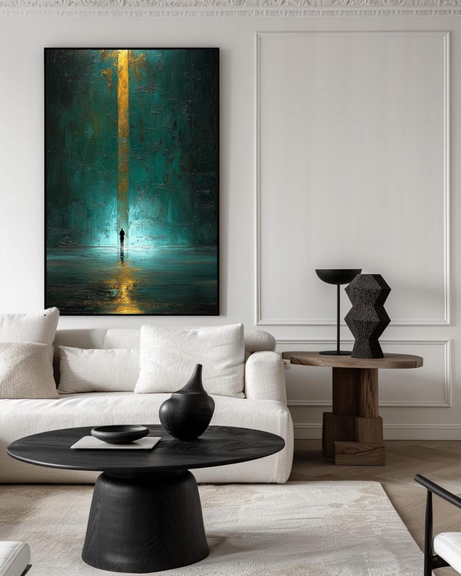 Golden Pathway – Hand-Painted Abstract Figure in Glowing Portal Oil Painting