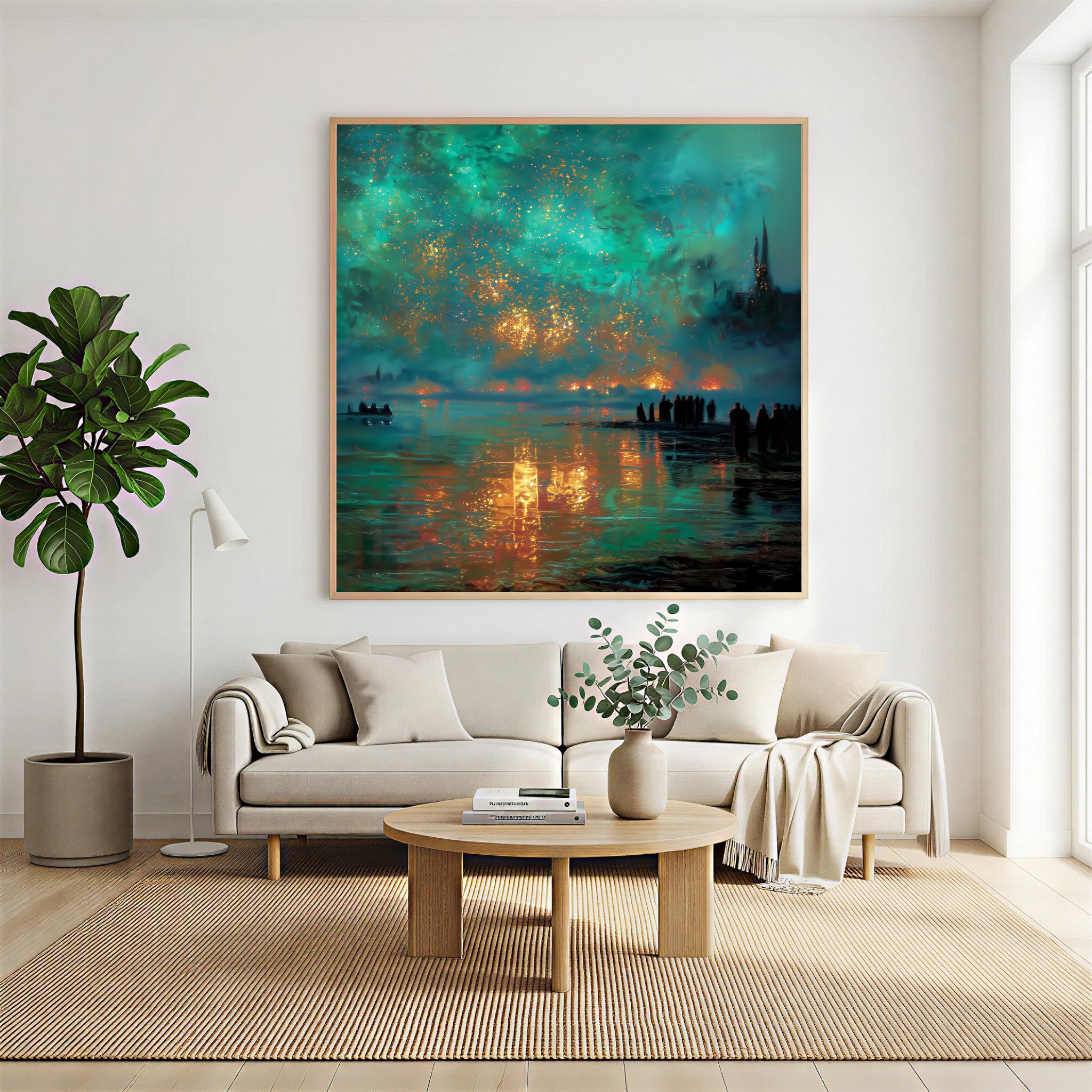 Aurora Embers – Luxury Night Reflection Oil Painting – Teal & Gold Statement Wall Art