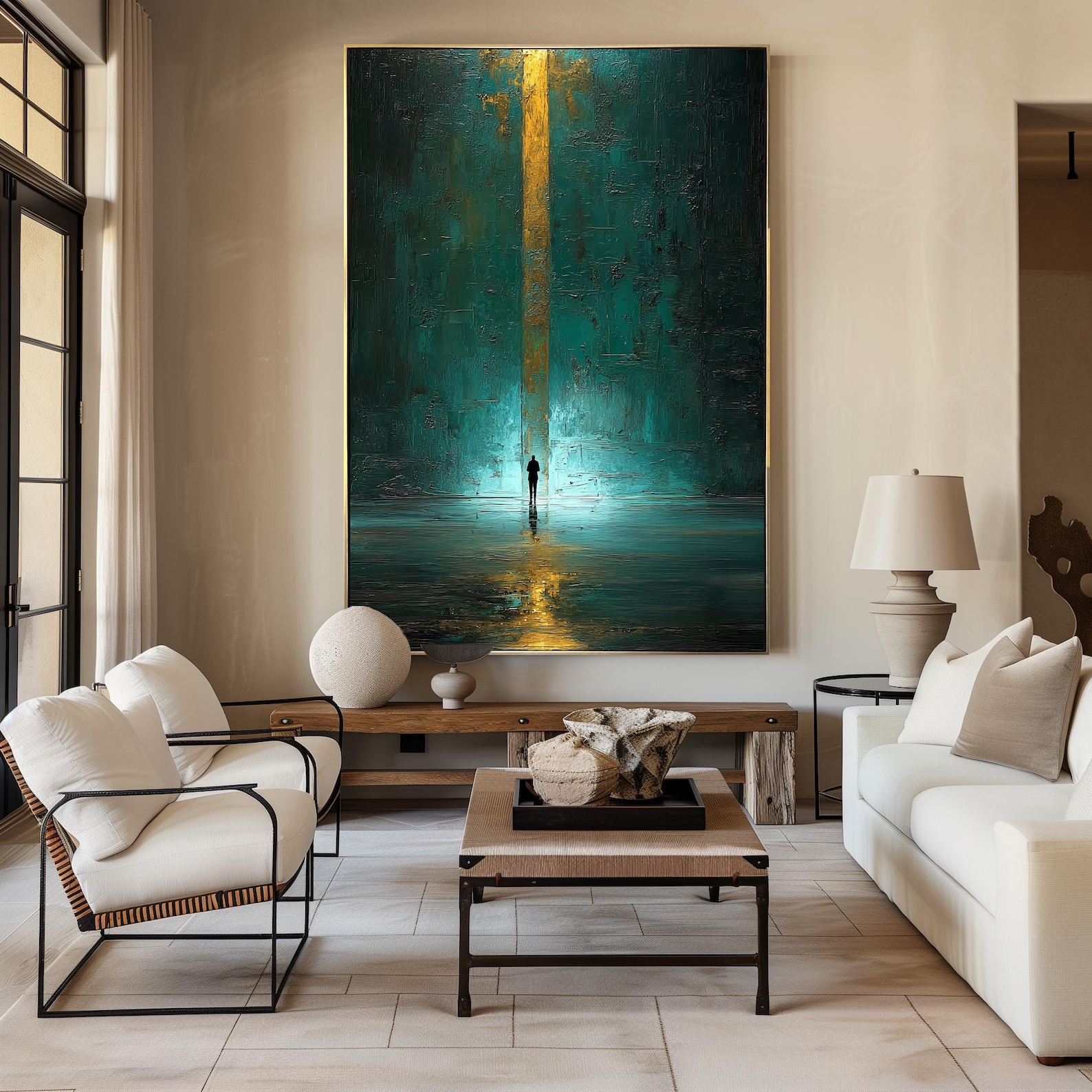 Golden Pathway – Hand-Painted Abstract Figure in Glowing Portal Oil Painting