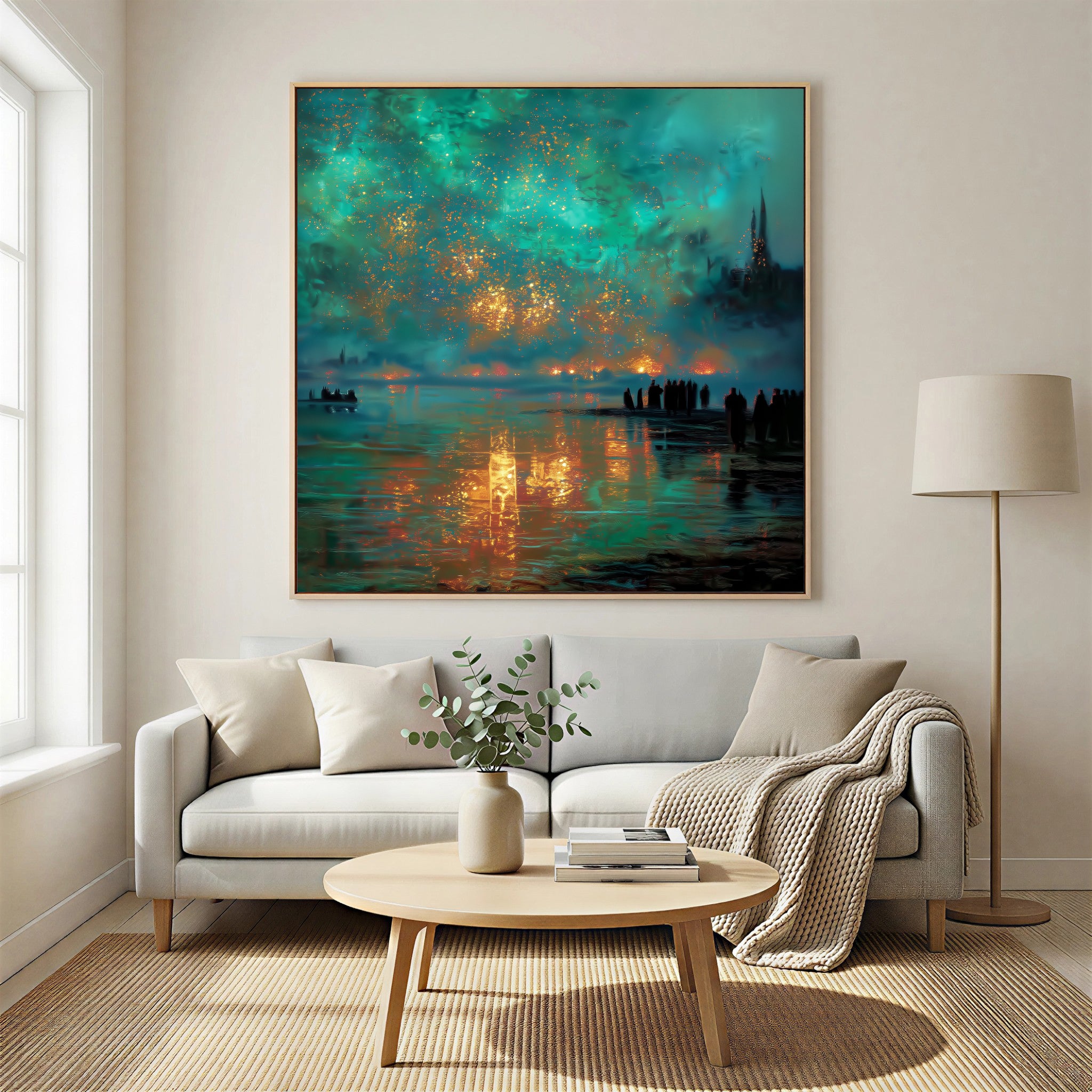 Aurora Embers – Luxury Night Reflection Oil Painting – Teal & Gold Statement Wall Art