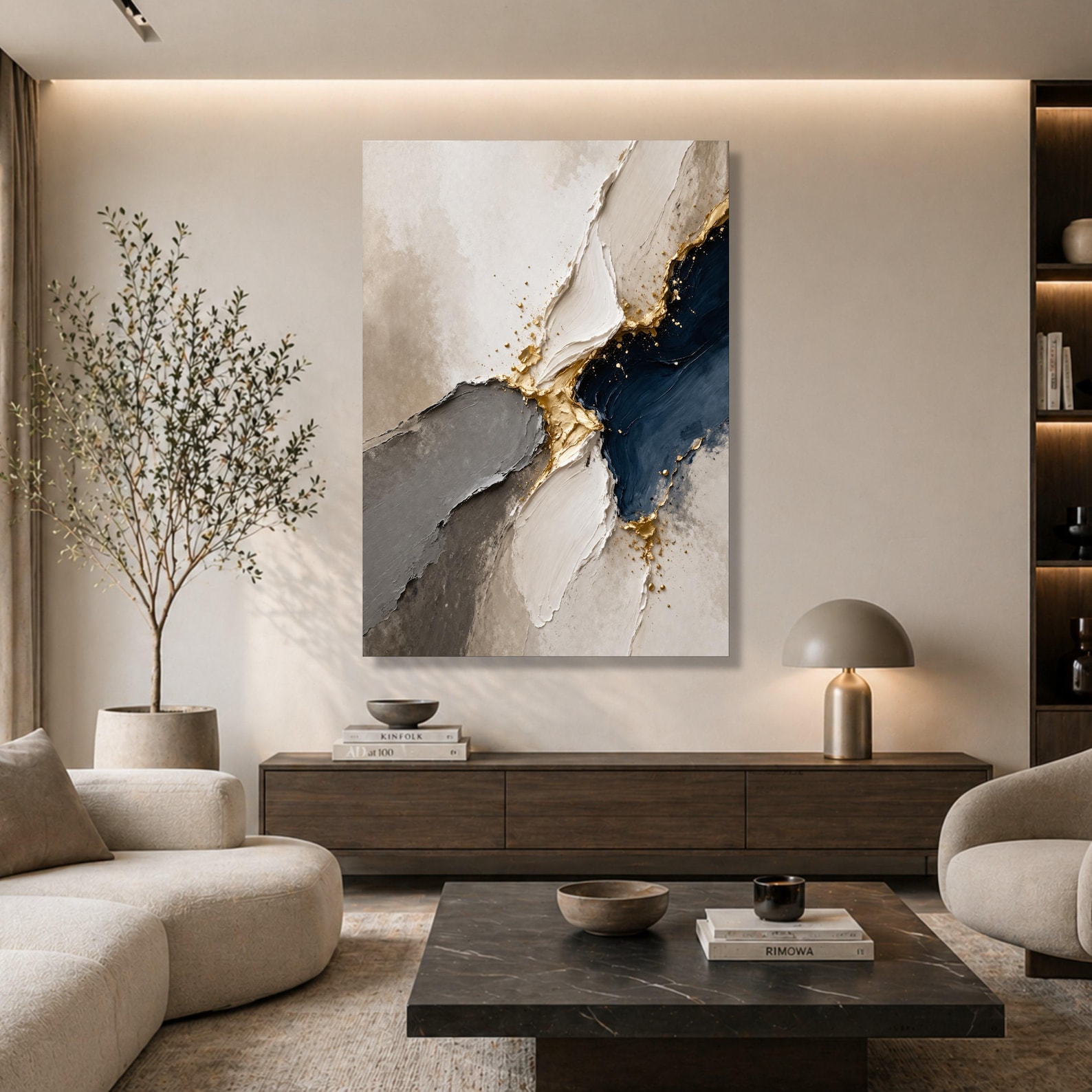Depth in Stillness – Luxury Abstract Canvas Wall Art, Textured Neutral & Navy Painting for Modern Living Room Decor