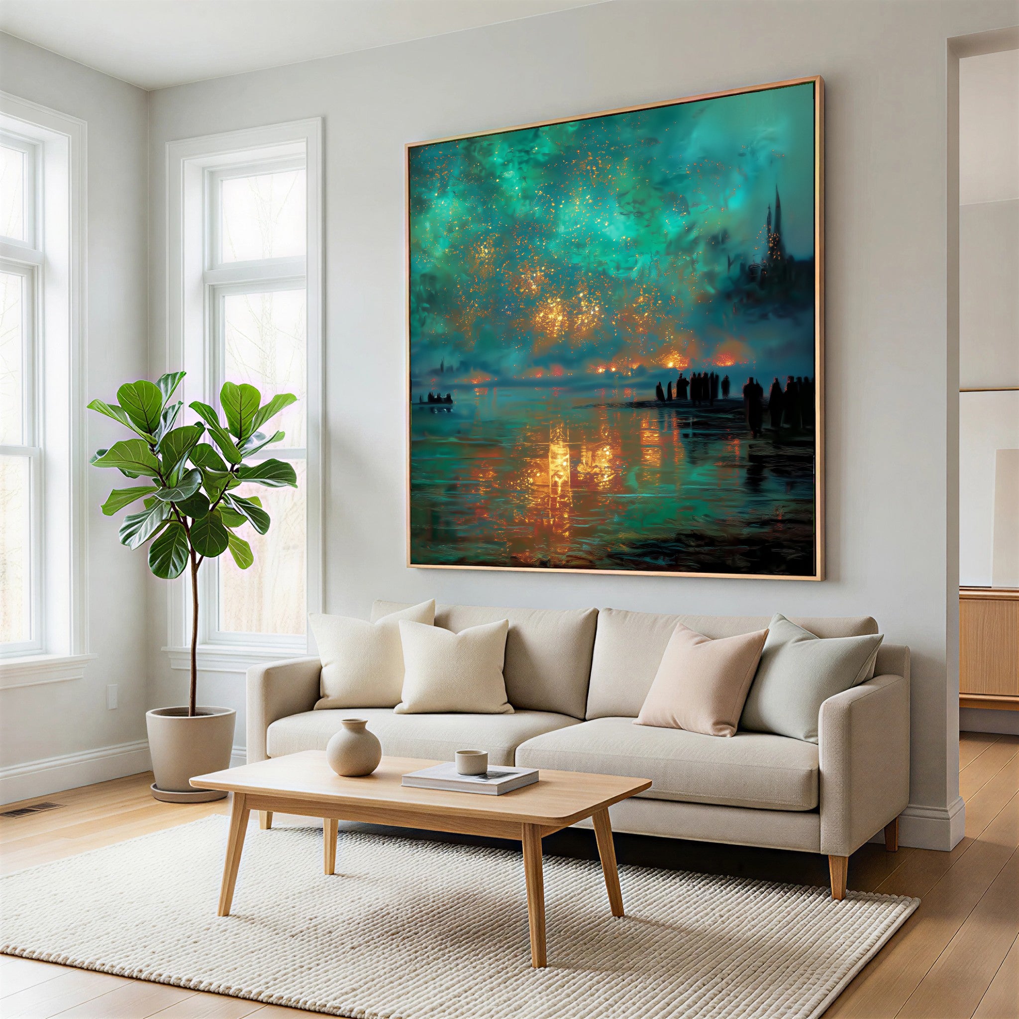 Aurora Embers – Luxury Night Reflection Oil Painting – Teal & Gold Statement Wall Art