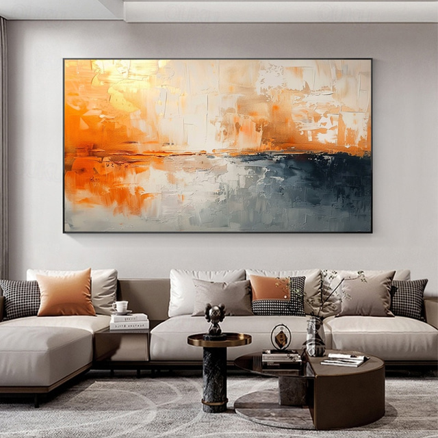 Textured abstract oil painting in orange and blue tones, handmade 3D modern wall art for living room