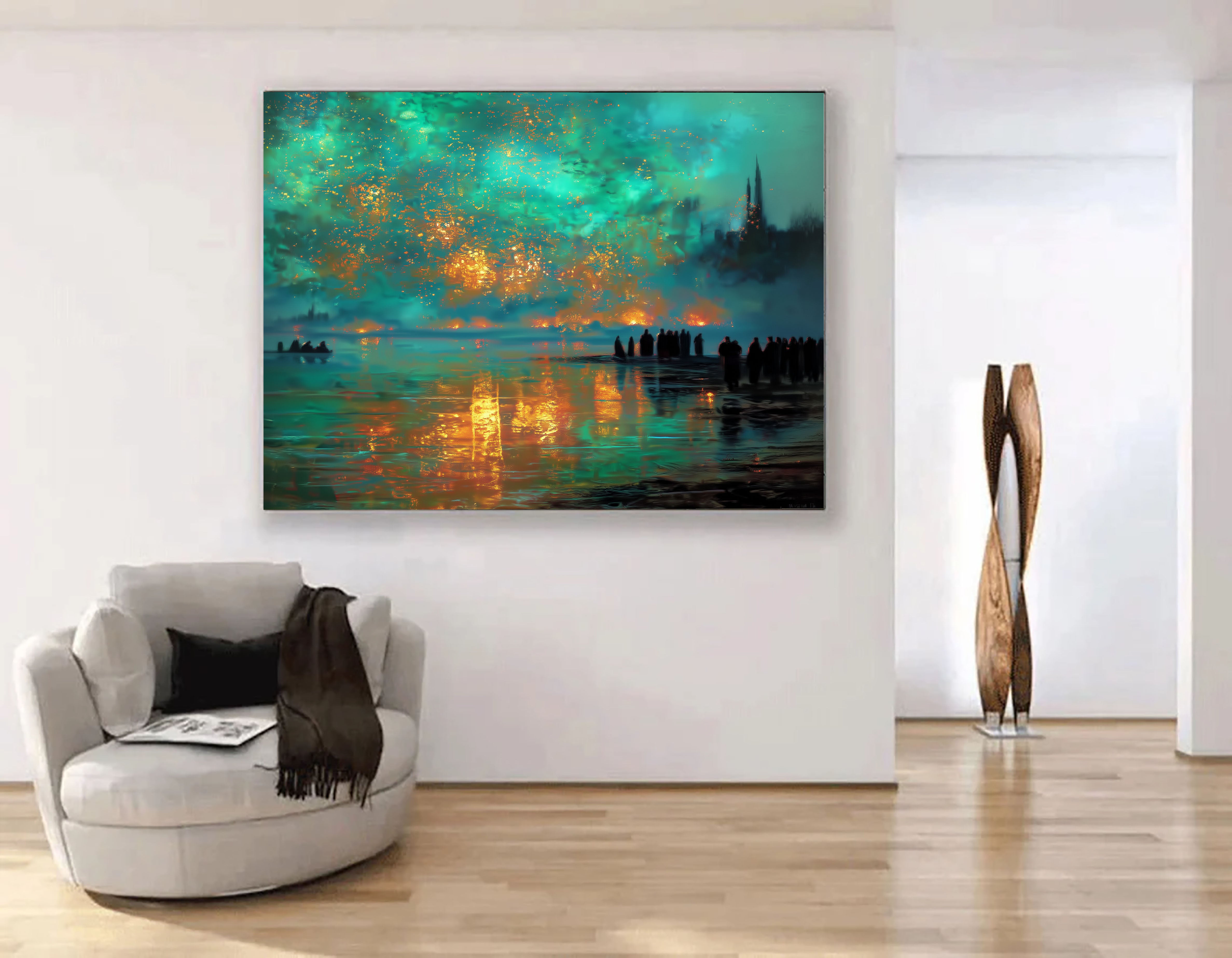 Celestial Glow – Large Modern Night Landscape Oil Painting – Teal & Gold Statement Wall Art