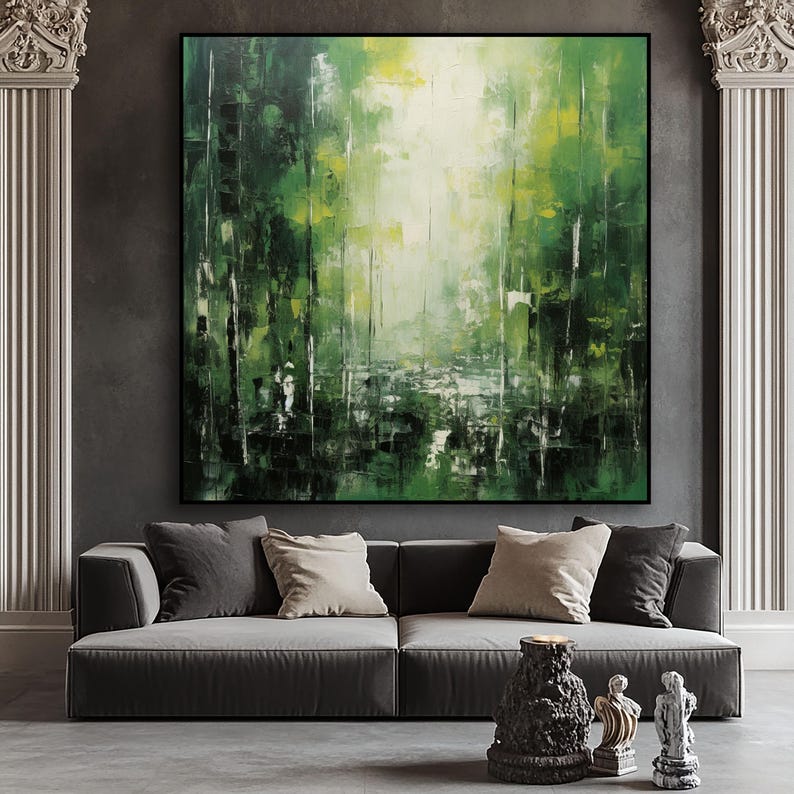 Verdant Awakening – Abstract Forest Landscape Oil Painting, Green Nature Canvas Wall Art