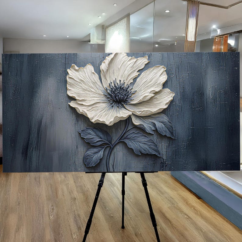 Midnight Bloom – Textured Floral Wall Art in Deep Blue