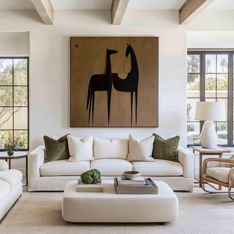 Quiet Bond — Figurative Abstract Horse Oil Painting for Modern Living Room Wall Art