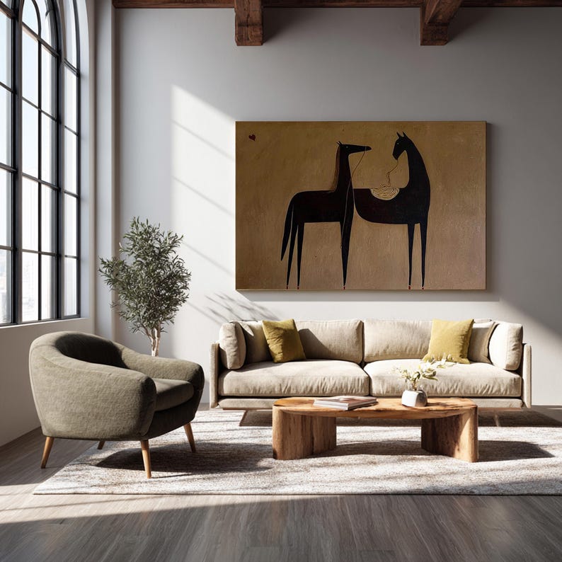 Quiet Bond — Figurative Abstract Horse Oil Painting for Modern Living Room Wall Art