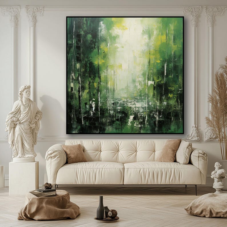 Verdant Awakening – Abstract Forest Landscape Oil Painting, Green Nature Canvas Wall Art