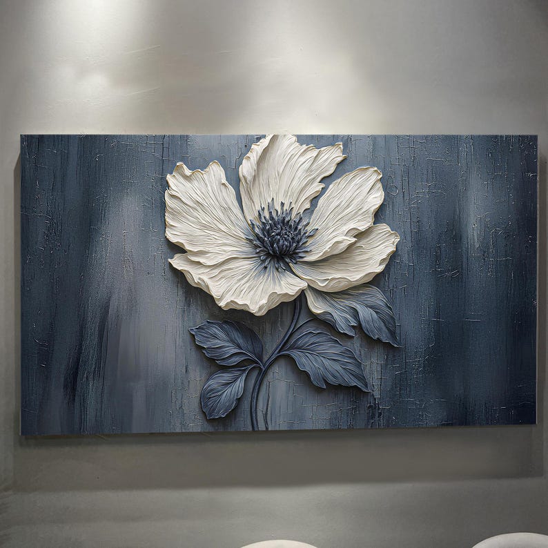 Midnight Bloom – Textured Floral Wall Art in Deep Blue