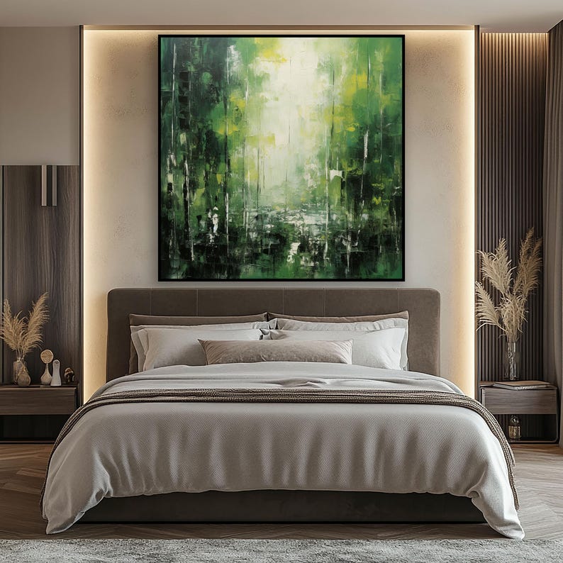 Verdant Awakening – Abstract Forest Landscape Oil Painting, Green Nature Canvas Wall Art