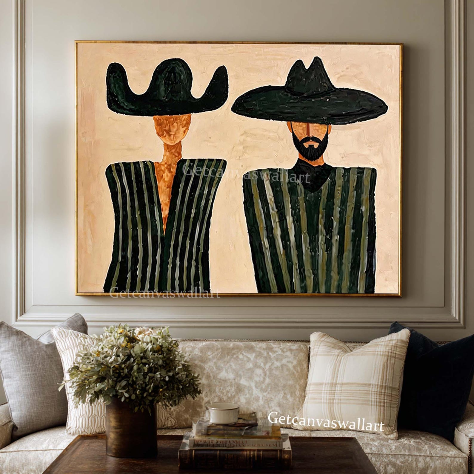 Bold Duo – Hand-Painted Minimalist Cowboy Couple Oil Painting