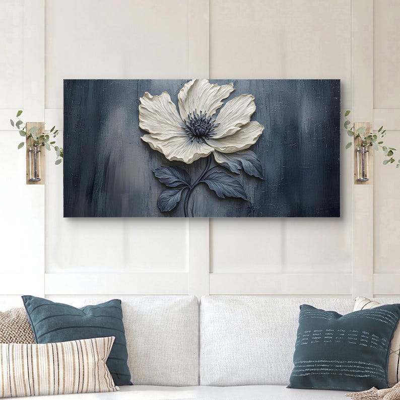 Midnight Bloom – Textured Floral Wall Art in Deep Blue