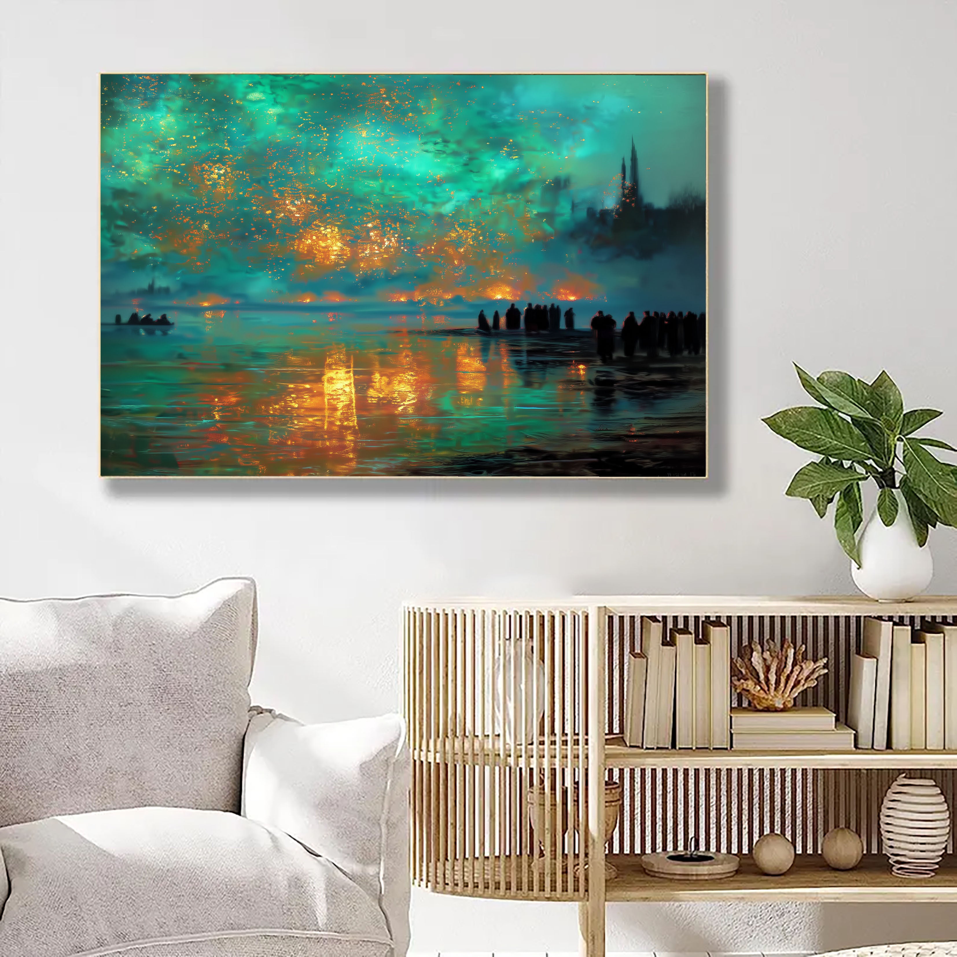 Celestial Glow – Large Modern Night Landscape Oil Painting – Teal & Gold Statement Wall Art