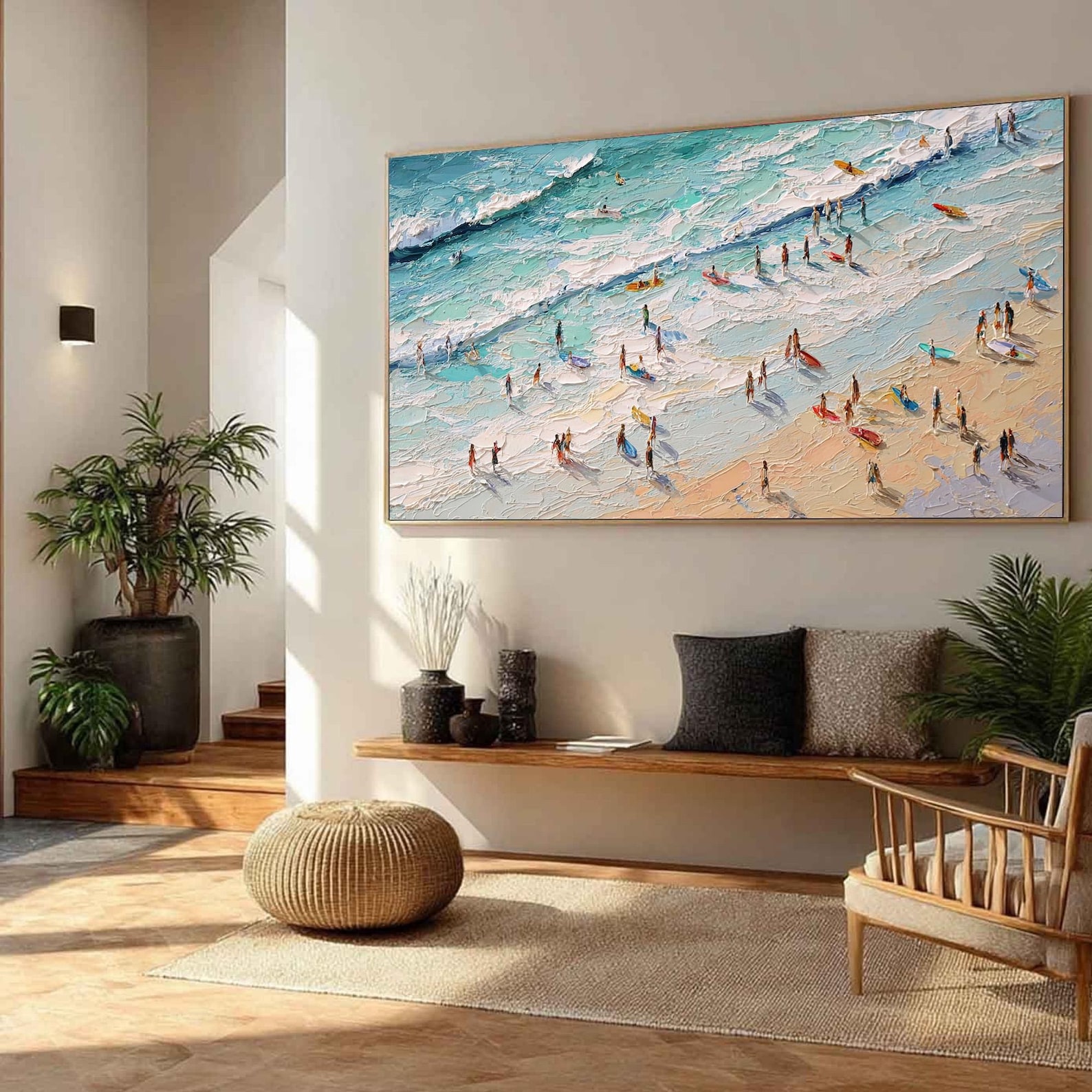 Beachside Stroll – Hand-Painted Surfer & Seagulls Oil Painting