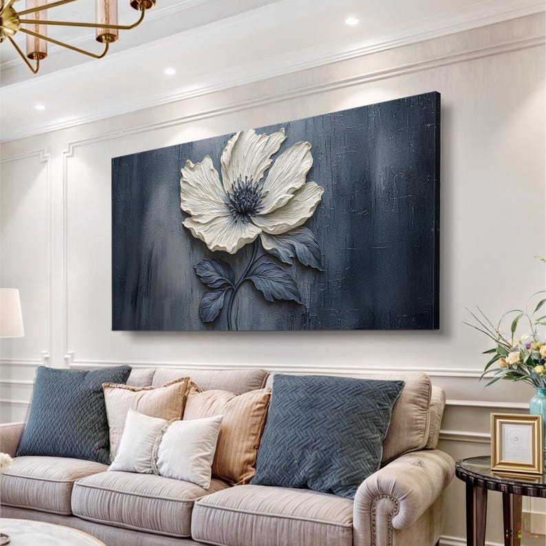 Midnight Bloom – Textured Floral Wall Art in Deep Blue