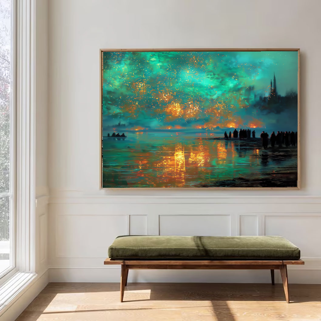 Celestial Glow – Large Modern Night Landscape Oil Painting – Teal & Gold Statement Wall Art