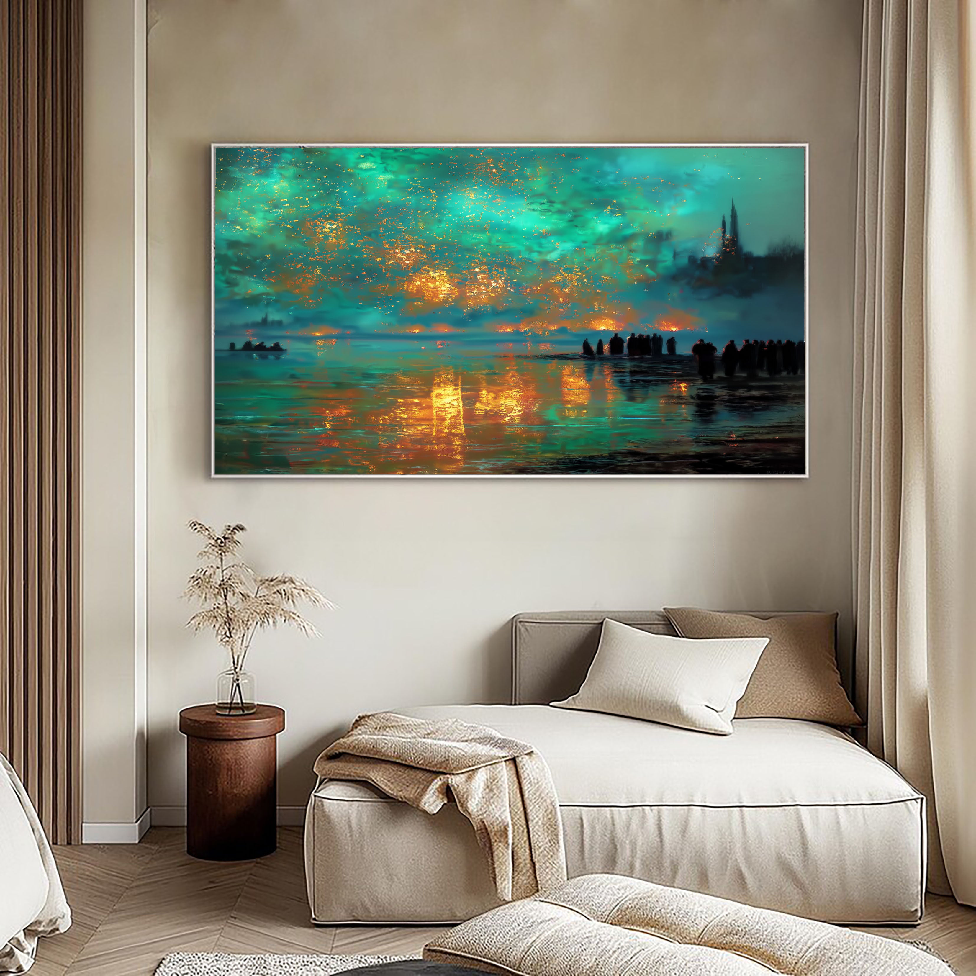 Celestial Glow – Large Modern Night Landscape Oil Painting – Teal & Gold Statement Wall Art