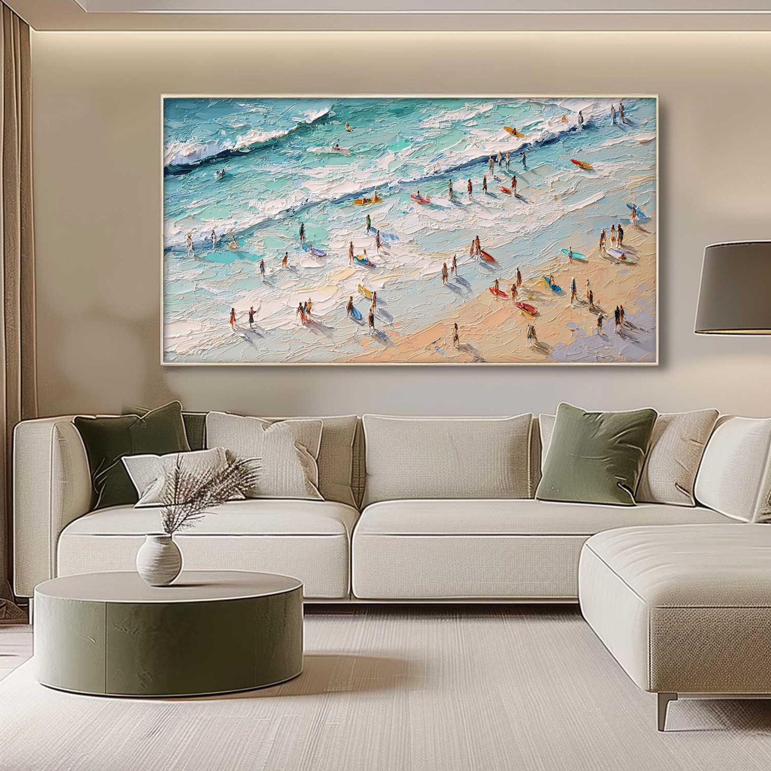 Beachside Stroll – Hand-Painted Surfer & Seagulls Oil Painting