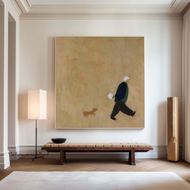 Minimalist Figure Walking Dog Wall Art – Hand-Painted Contemporary Canvas for Modern Interiors