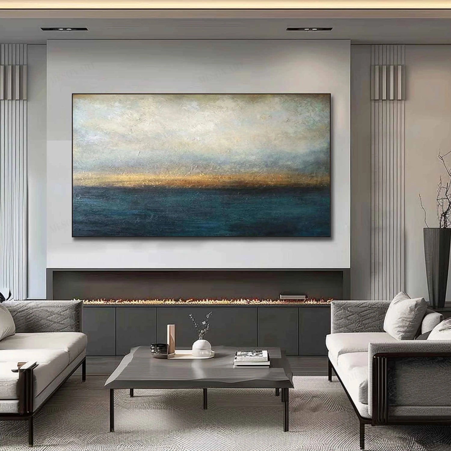 Golden Horizon – Hand-Painted Abstract Seascape Canvas Art