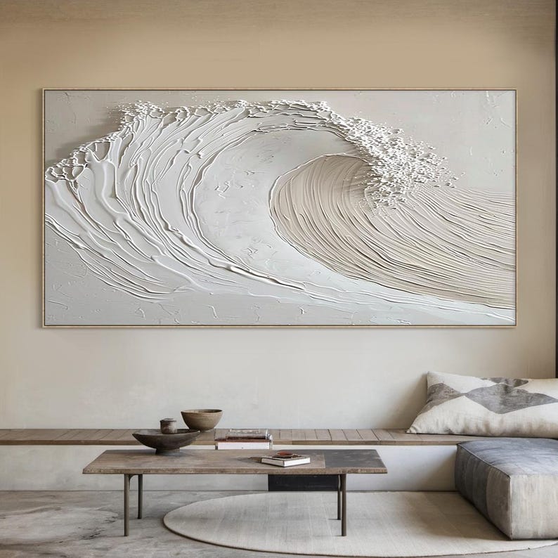 Tidal Whisper – Minimalist Textured Wave Oil Painting