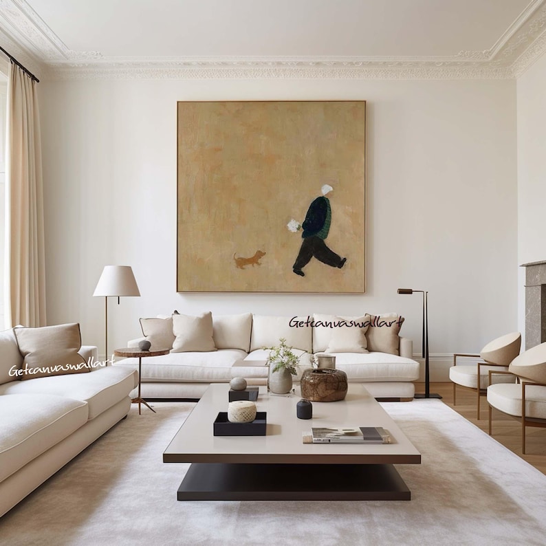 Minimalist Figure Walking Dog Wall Art – Hand-Painted Contemporary Canvas for Modern Interiors