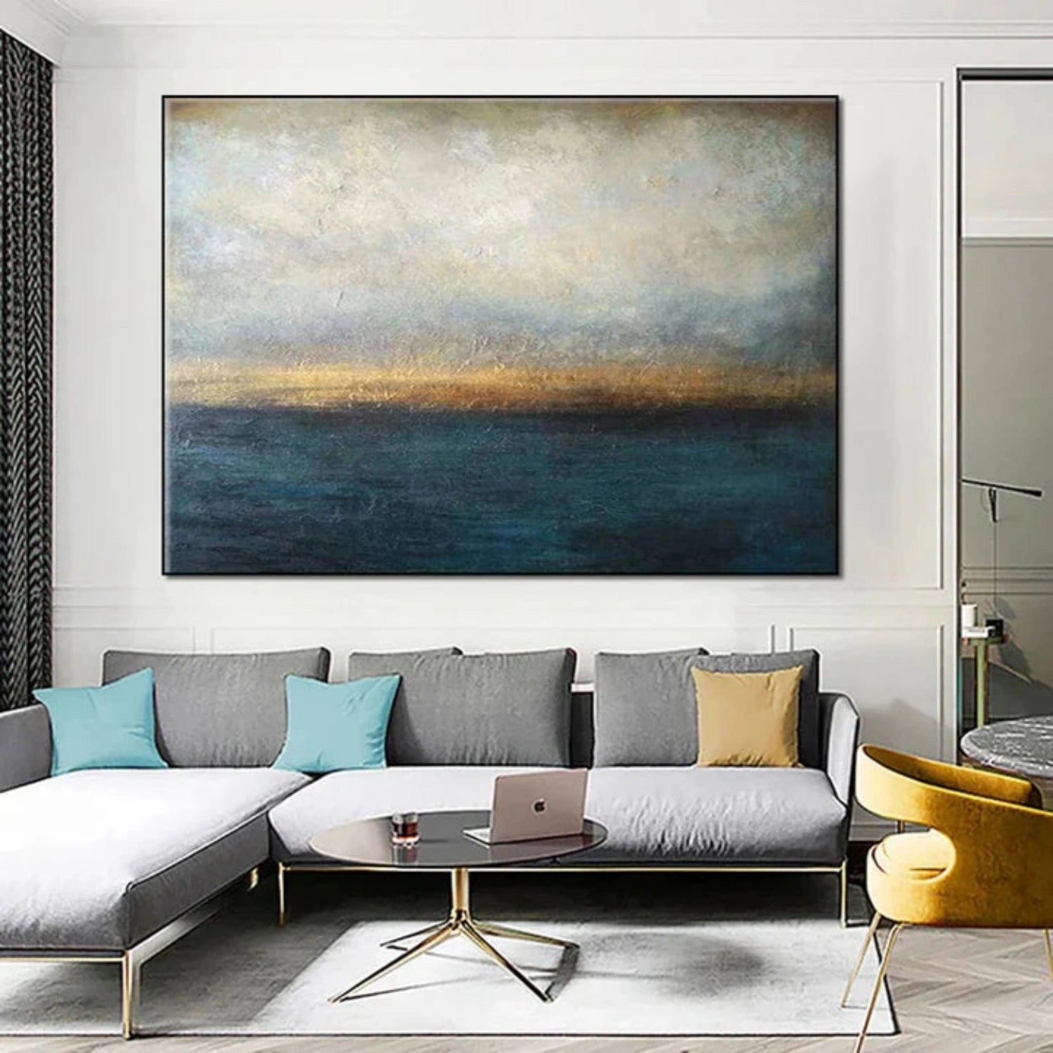 Golden Horizon – Hand-Painted Abstract Seascape Canvas Art