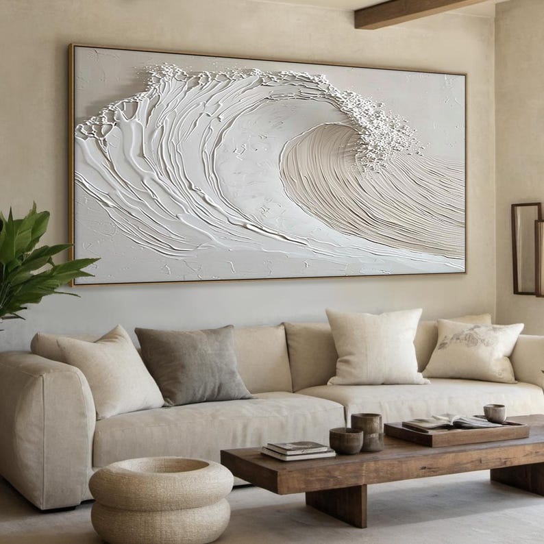 Tidal Whisper – Minimalist Textured Wave Oil Painting