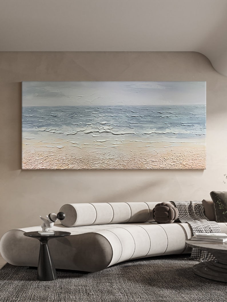 Serene Coastal Horizon Textured Oil Painting, Neutral Beach Wall Art