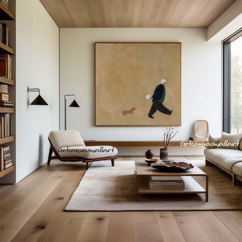 Minimalist Figure Walking Dog Wall Art – Hand-Painted Contemporary Canvas for Modern Interiors