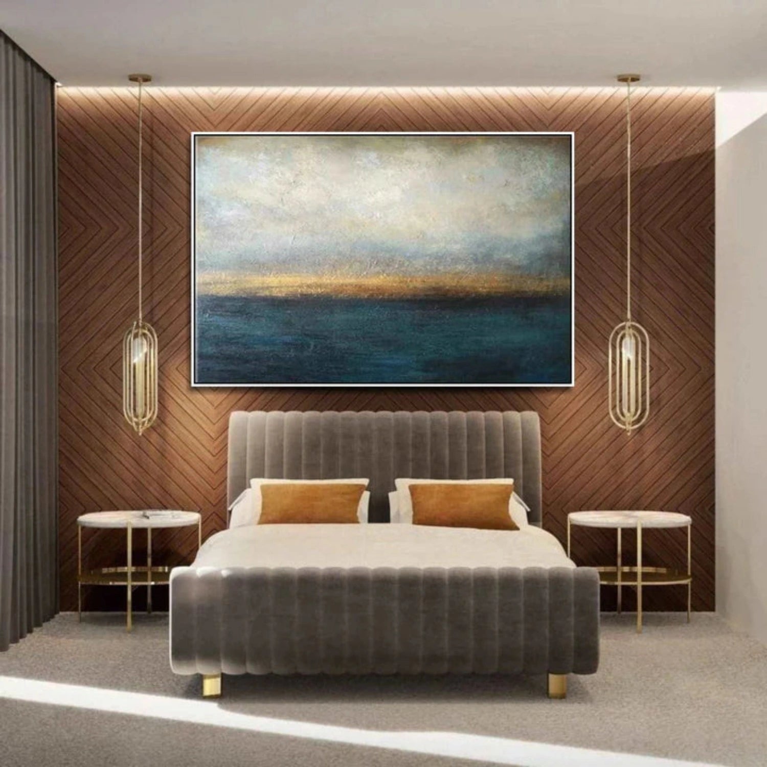 Golden Horizon – Hand-Painted Abstract Seascape Canvas Art