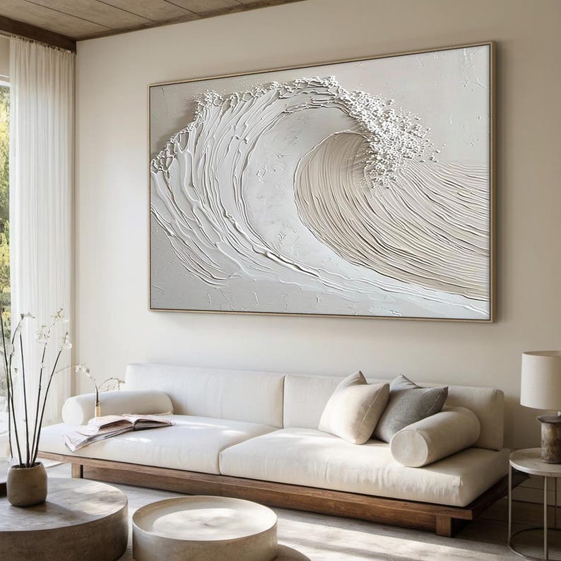 Tidal Whisper – Minimalist Textured Wave Oil Painting